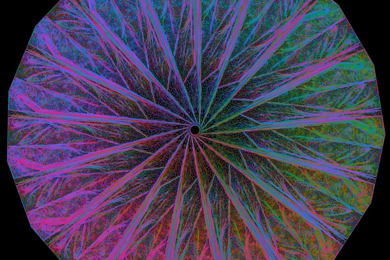 Caption: 8000 x 8000 pixel renderings of the 17-curve diagram venn17-local-c3-s2 (pressure layout, light and dark; rose layout, dark) and of the 19-curve diagram venn19-closure-s196002 (pressure layout, light and dark). Same drawings as…