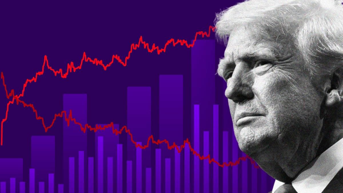 Graphic showing a stylised chart with purple bar graphs and two red trend lines moving in opposite directions across the image. A black-and-white close-up portrait of Donald Trump fills the right side of the frame. The image uses a dark…