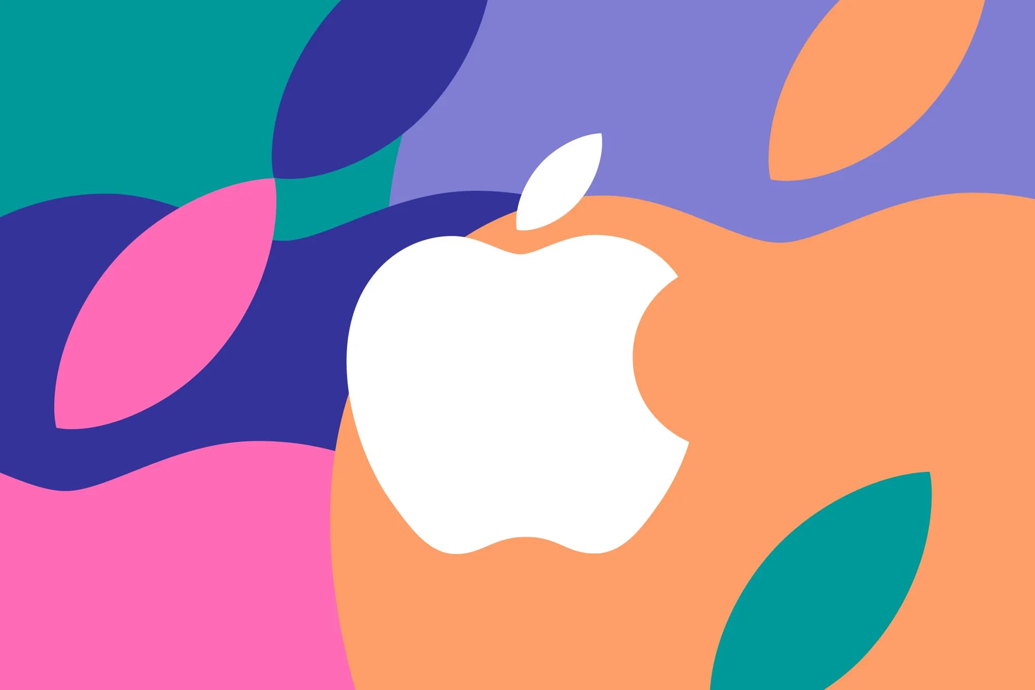 The Apple logo superimposed on a colorful background made up of larger versions of the logo for illustration purposes