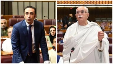 Pakistan Peoples Party Chairman Bilawal Bhutto Zardari (left) and Opposition Leader in the National Assembly Mahmood Khan Achakzai address a session of the National Assembly. &mdash; National Assembly/File