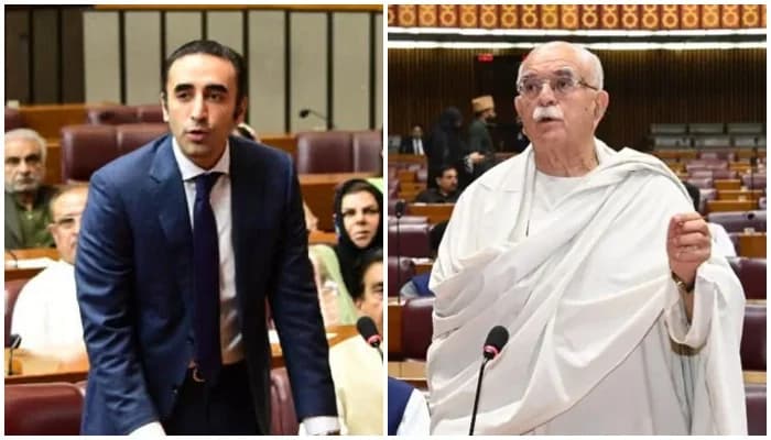Pakistan Peoples Party Chairman Bilawal Bhutto Zardari (left) and Opposition Leader in the National Assembly Mahmood Khan Achakzai address a session of the National Assembly. &mdash; National Assembly/File