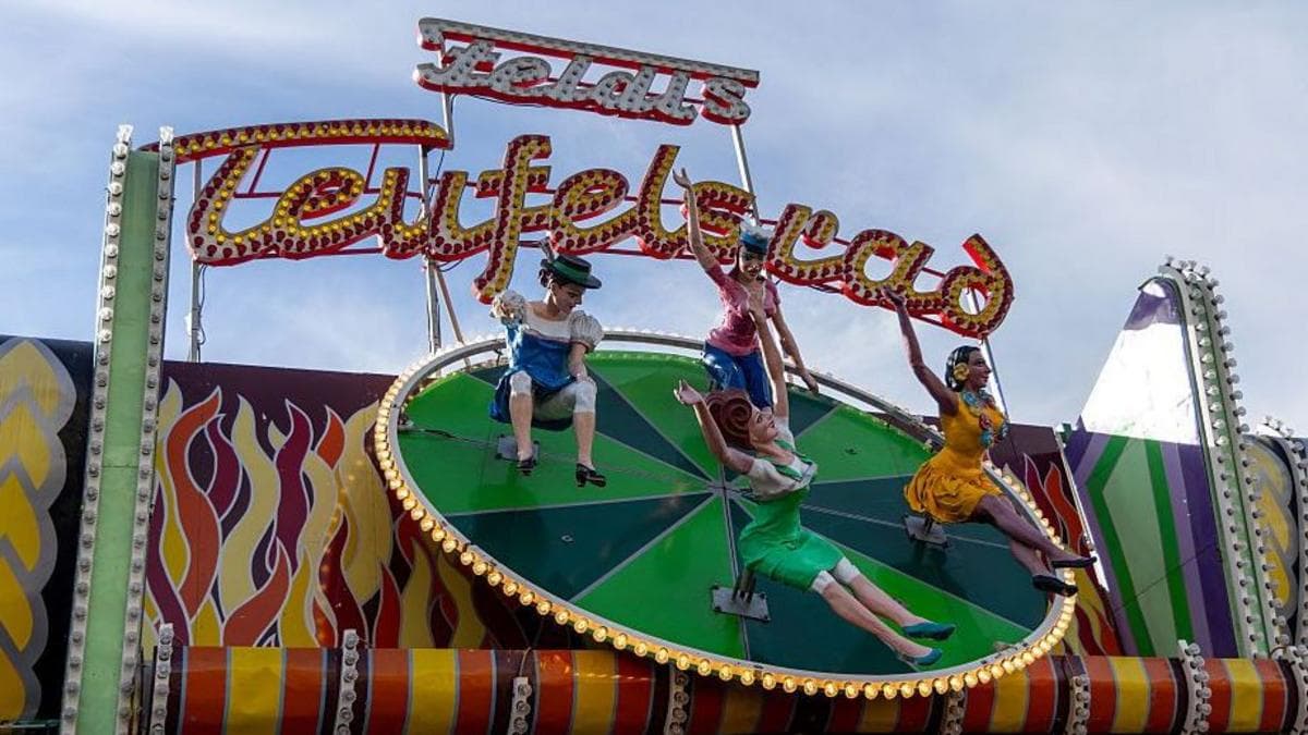 The Devil's Wheel Teufelsrad ride is displayed on day one of the 2026 Munich Oktoberfest on September 19, 2026 in Munich, Germany
