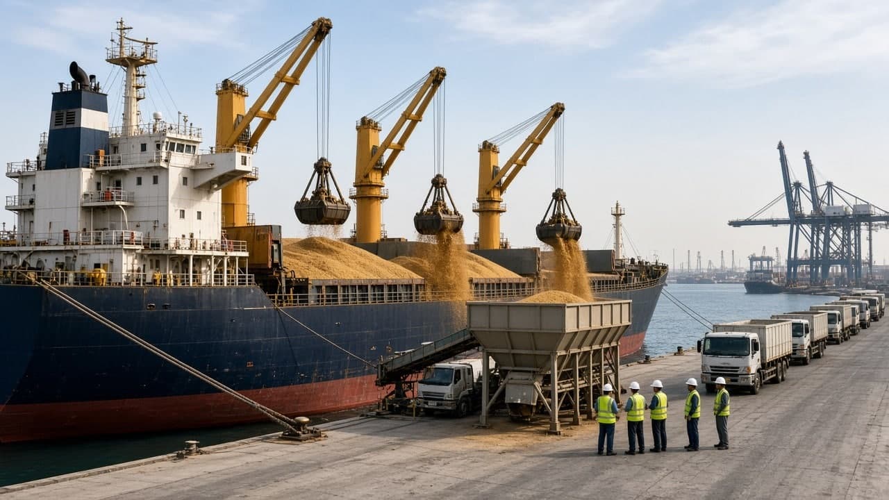 Wheat being unloaded from a bulk carrier at Karachi Port