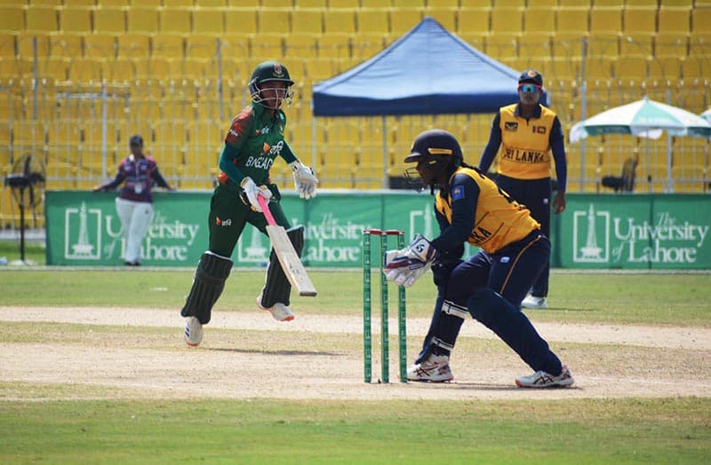 Women players in action during the T20 cricket match between Bangladesh U-19 Women and Sri Lanka U-19 Women as part of the ongoing series at Iqbal Stadium.