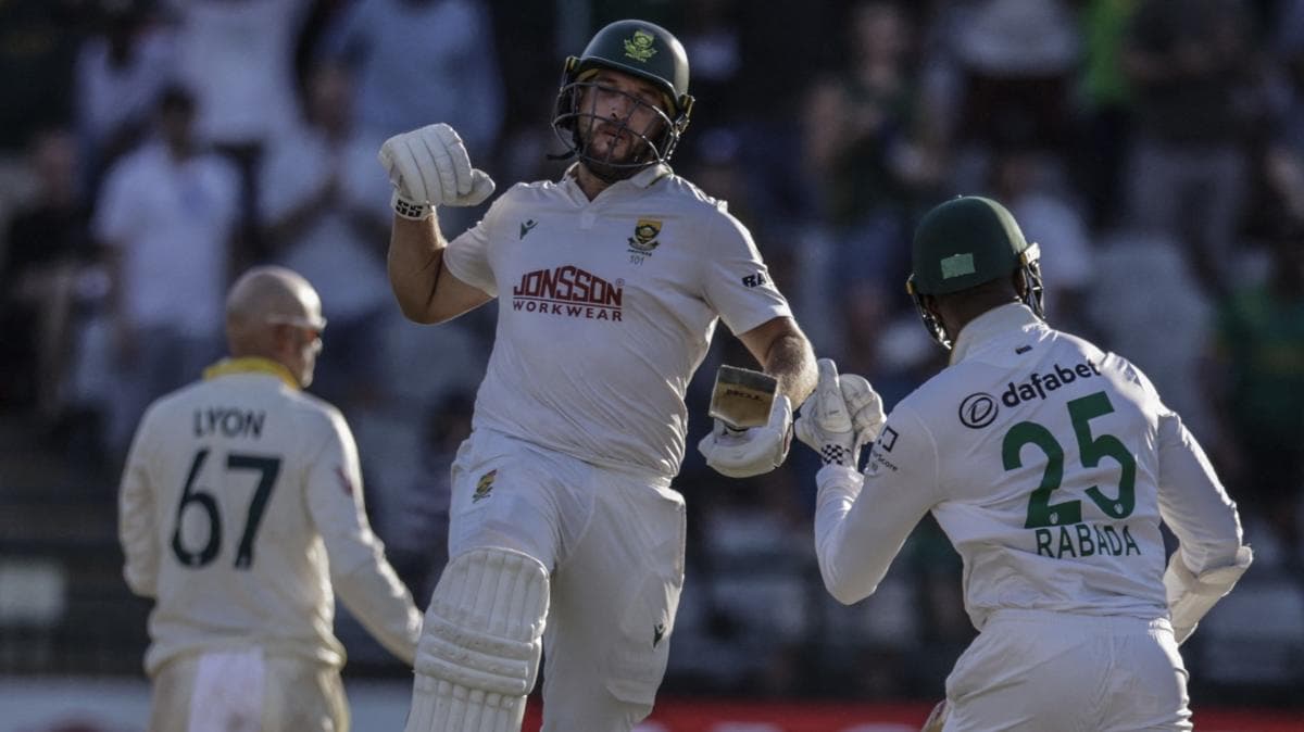 South Africa's Wiaan Mulder celebrates century against Australia on day four of third Test in Cape Town