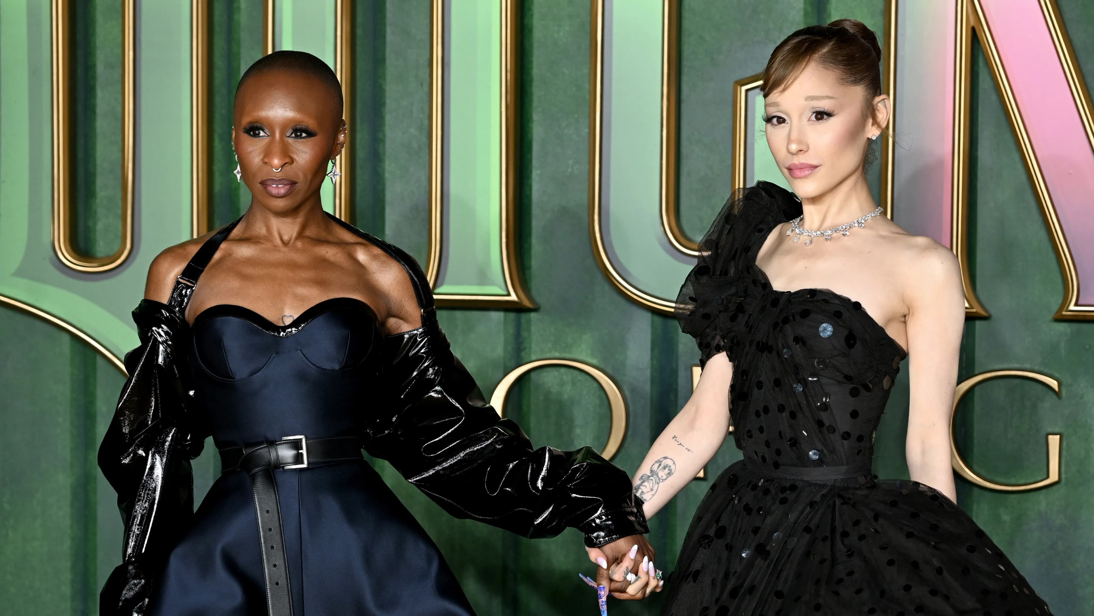 LONDON, ENGLAND - NOVEMBER 10: Cynthia Erivo and Ariana Grande attend the "Wicked: For Good" European Premiere at Cineworld London Leicester Square on November 10, 2025 in London, England.
