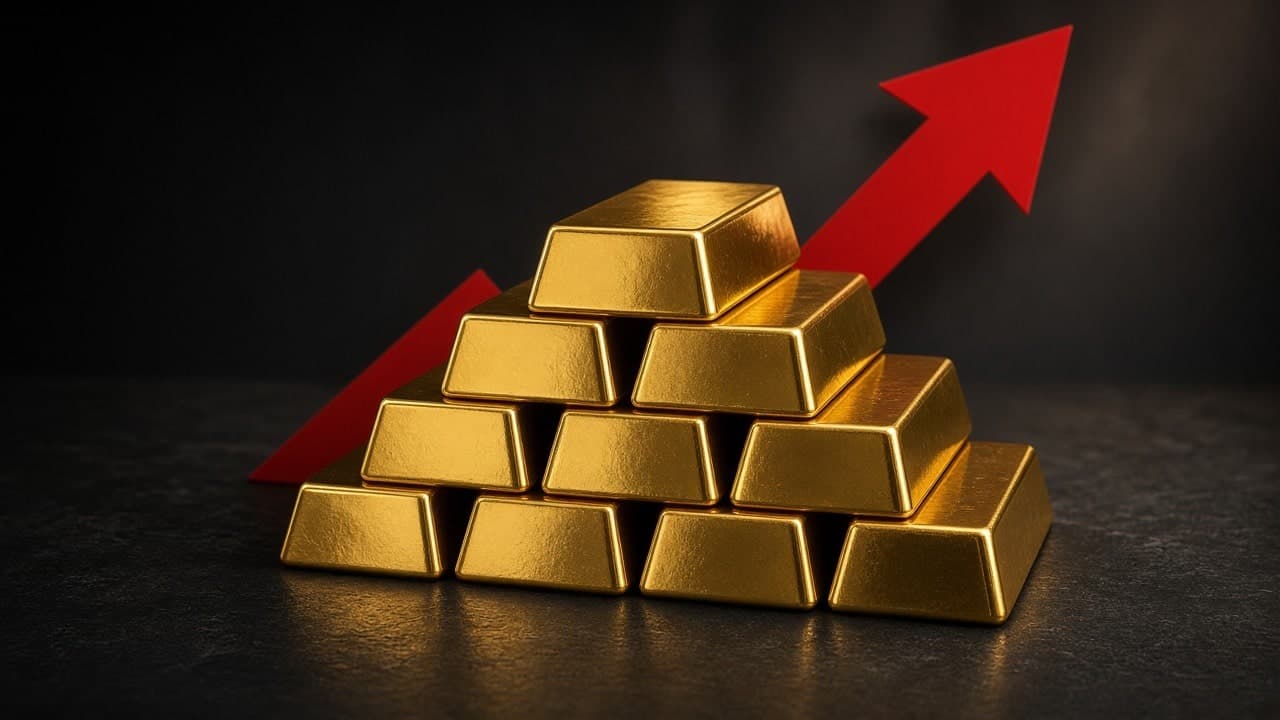 Stacked gold bars with a red arrow rising