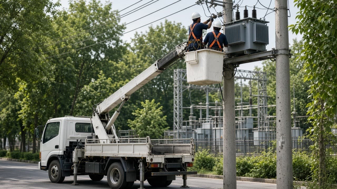 Utility linemen carrying out maintenance on an 11kV distribution pole