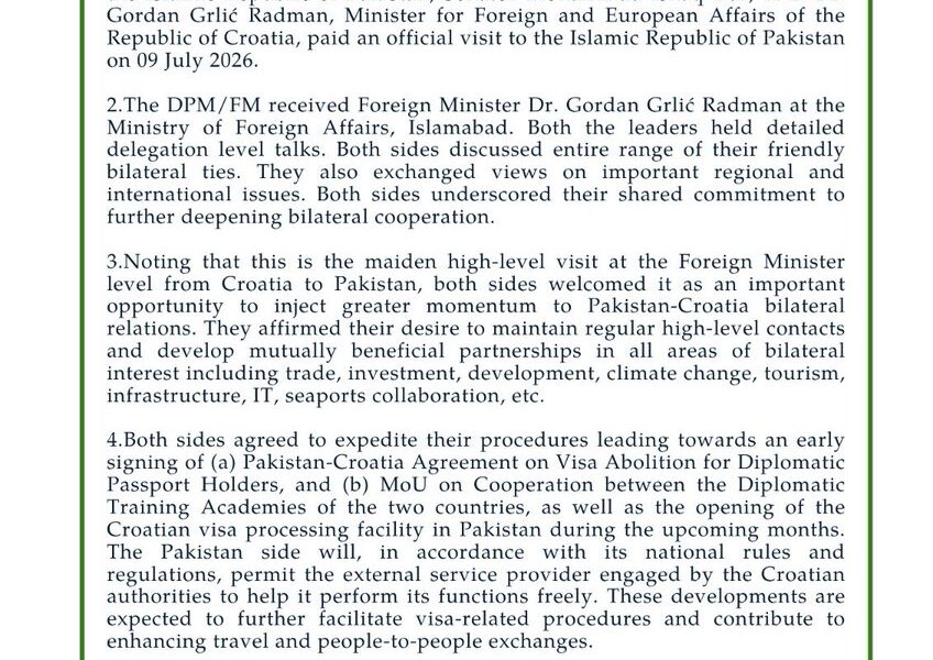 Pakistan and Croatia Sign Joint Communique on Bilateral Cooperation Pakistan and Croatia Sign Joint Communique on Bilateral Cooperation