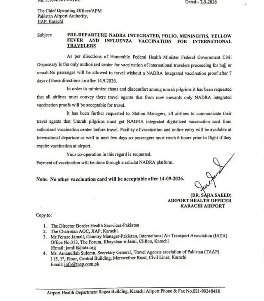 Pakistan mandates NADRA-integrated vaccination proof for Umrah travelers Pakistan mandates NADRA-integrated vaccination proof for Umrah travelers
